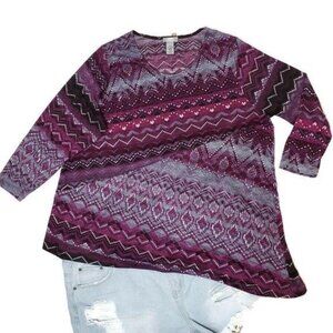 Catherine's Women's Purple Chevron Print 3/4 Sleeve assymetrical Tunic Top 2x 22